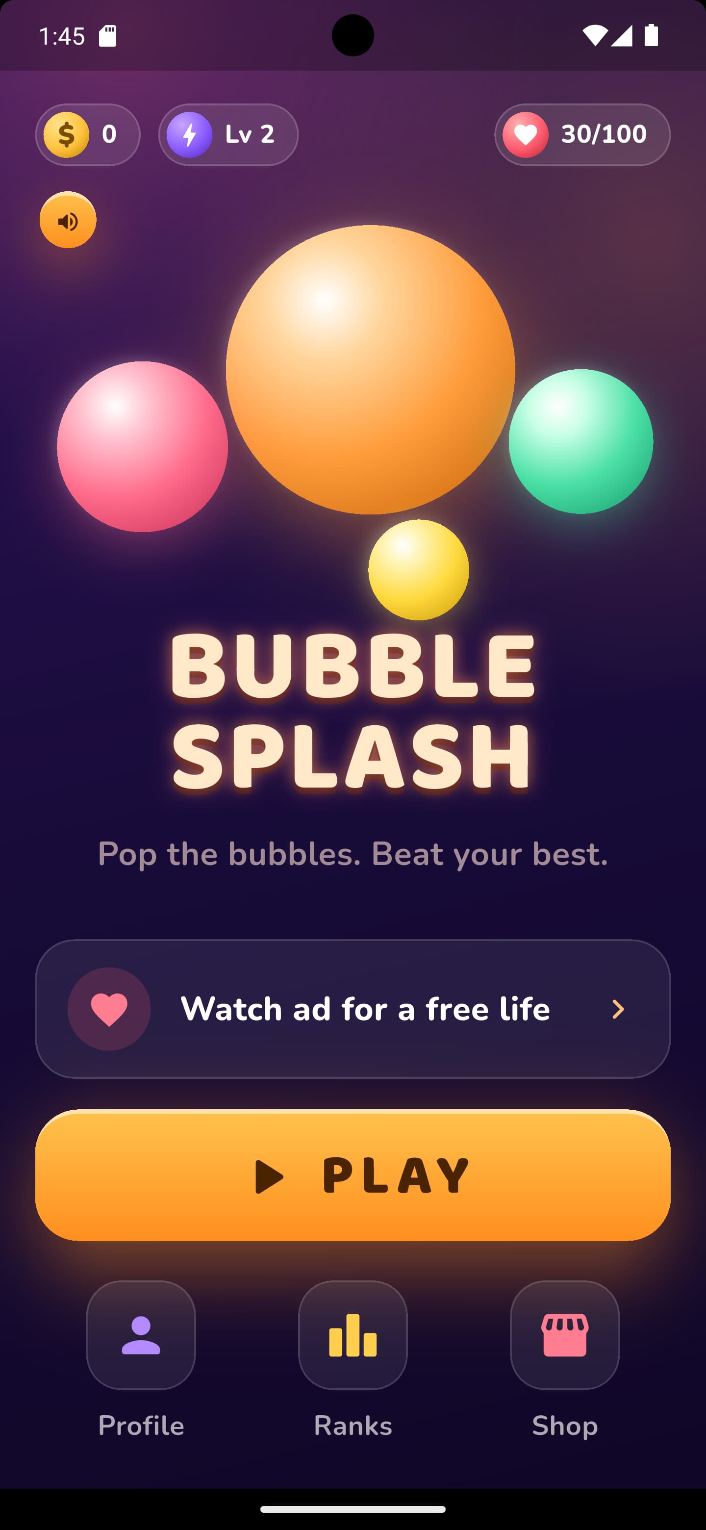 Home screen with a large Play button, coin balance, level and lives