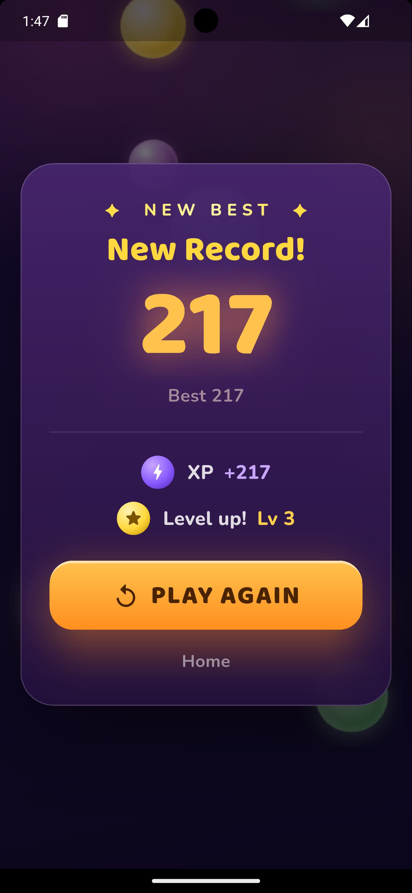 New Record card showing the score, XP earned and a level up