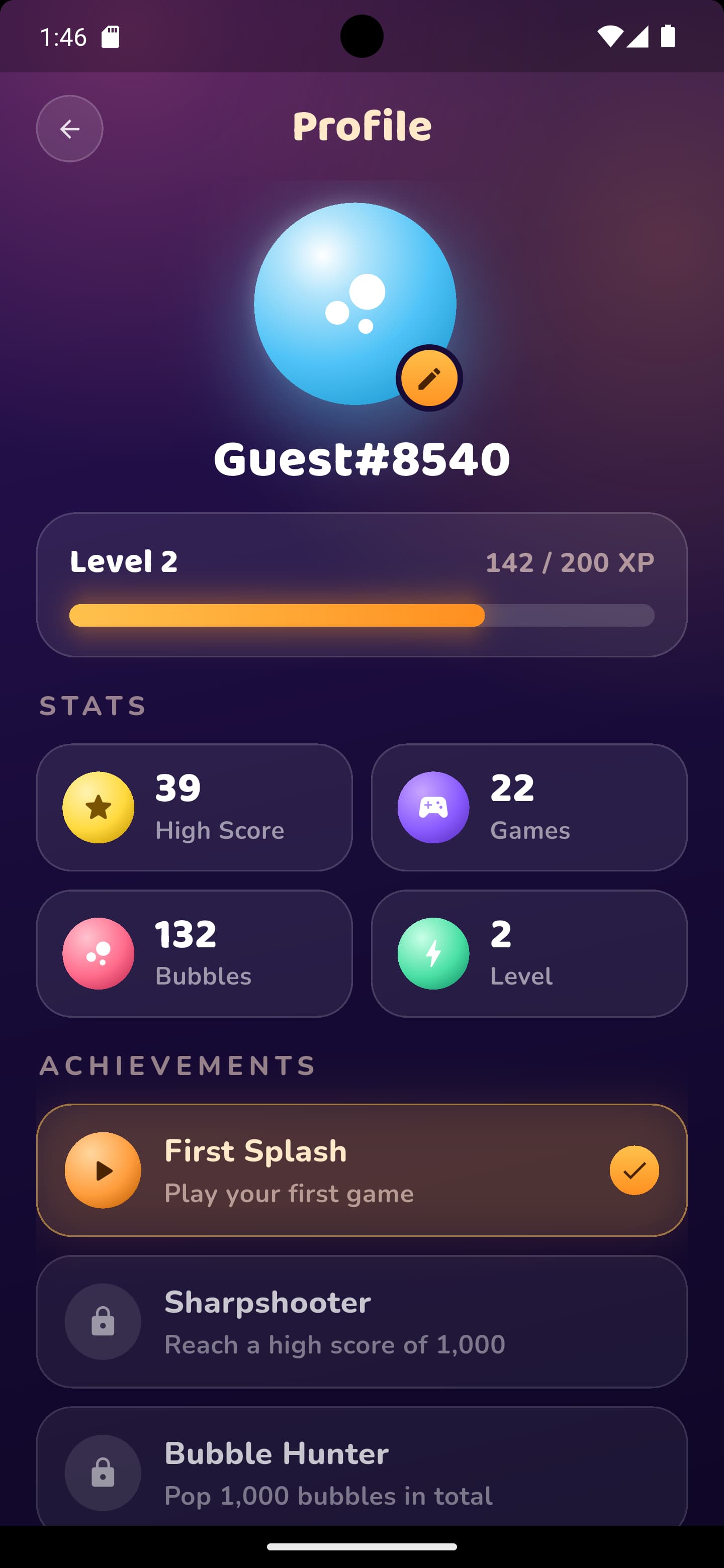 Profile screen with level progress bar, stats and achievements