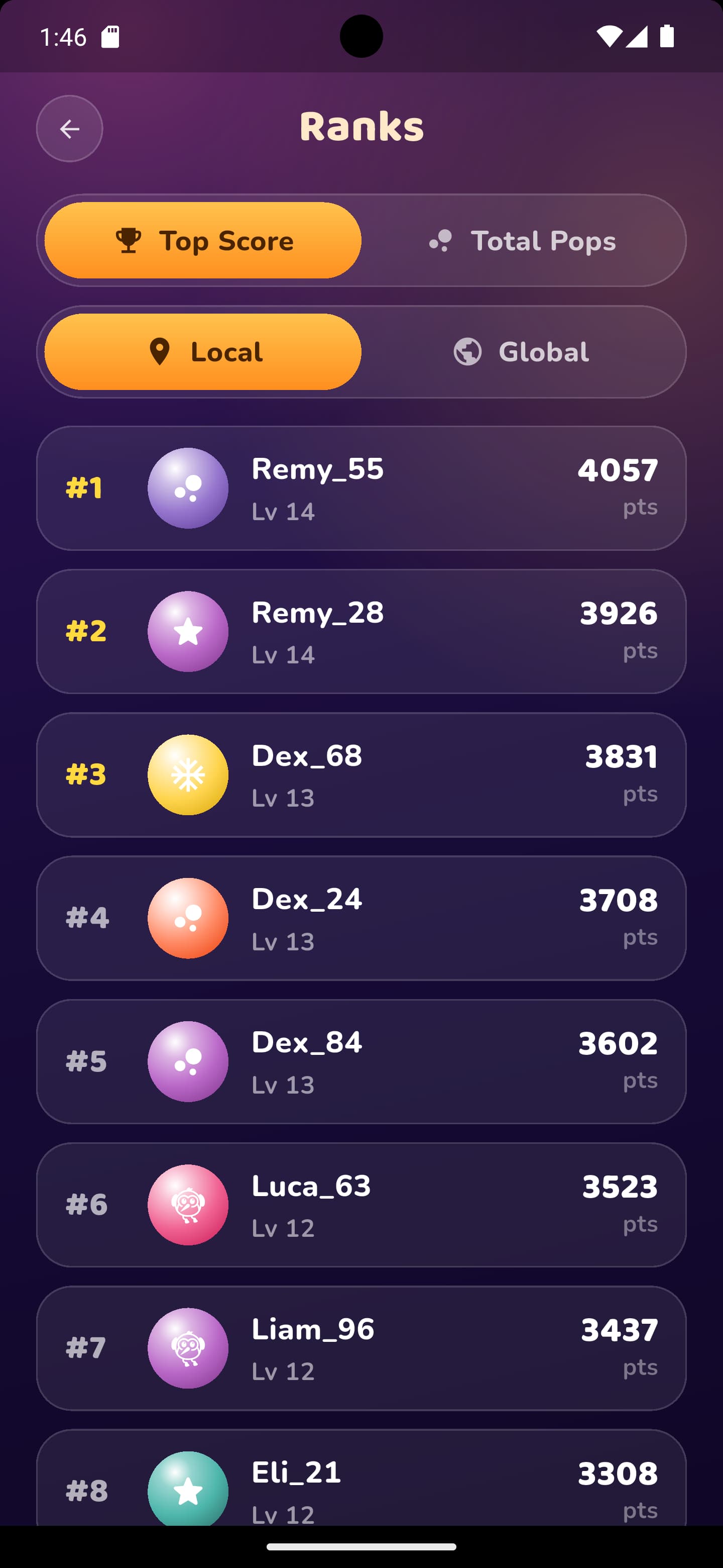 Ranks screen with Top Score and Total Pops tabs and a leaderboard