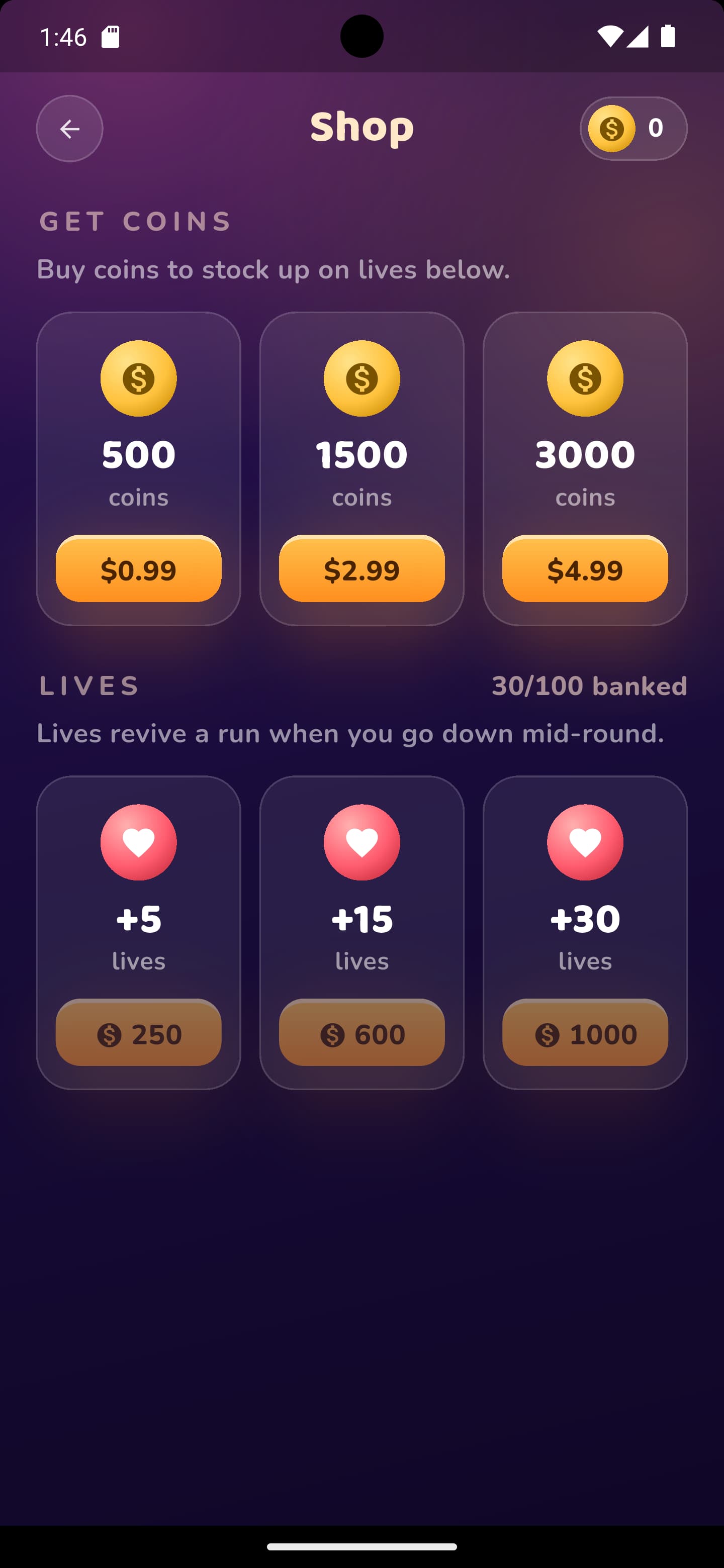 Shop screen with coin packs and life bundles